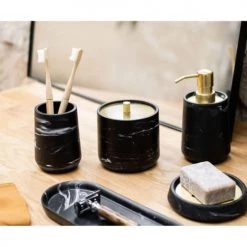 Wadiga Rangements Salle De Bain Boîte à Coton En Polyrésine Noire Effet Marbre Et Métal Doré -Rangements déco Soldes boite a coton en polyresine noire effet marbre et metal dore 2