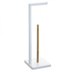Home Maison Rangements Salle De Bain Dérouleur Papier WC Avec Réserve Métal Blanc Et Bambou