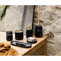 Wadiga Rangements Salle De Bain Distributeur De Savon En Polyrésine Noire Effet Marbre Et Métal Doré -Rangements déco Soldes distributeur de savon en polyresine noire effet marbre et metal dore 2