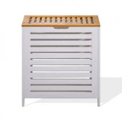 Mobili Rebecca Paniers Et Corbeilles Panier à Linge Avec Couvercle En Bambou Et Mdf Blanc Et Marron -Rangements déco Soldes panier a linge avec couvercle en bambou et mdf blanc et marron 2