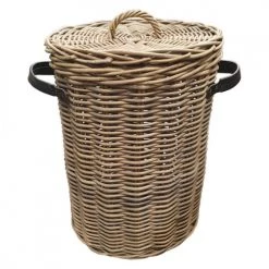 Meubletmoi Paniers Et Corbeilles Panier à Linge Rond En Kubu Tressé Et Poignées Simili Cuir -Rangements déco Soldes panier a linge rond en kubu tresse et poignees simili cuir 2