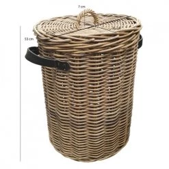 Meubletmoi Paniers Et Corbeilles Panier à Linge Rond En Kubu Tressé Et Poignées Simili Cuir -Rangements déco Soldes panier a linge rond en kubu tresse et poignees simili cuir 4