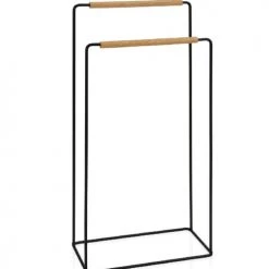 Wadiga Rangements Salle De Bain Porte Serviette Sur Pied En Métal Noir Et Bois H81cm