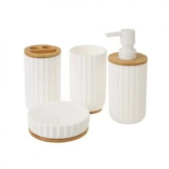 Wadiga Rangements Salle De Bain Set Salle De Bain Plastique Blanc Et Bambou 4 Pièces